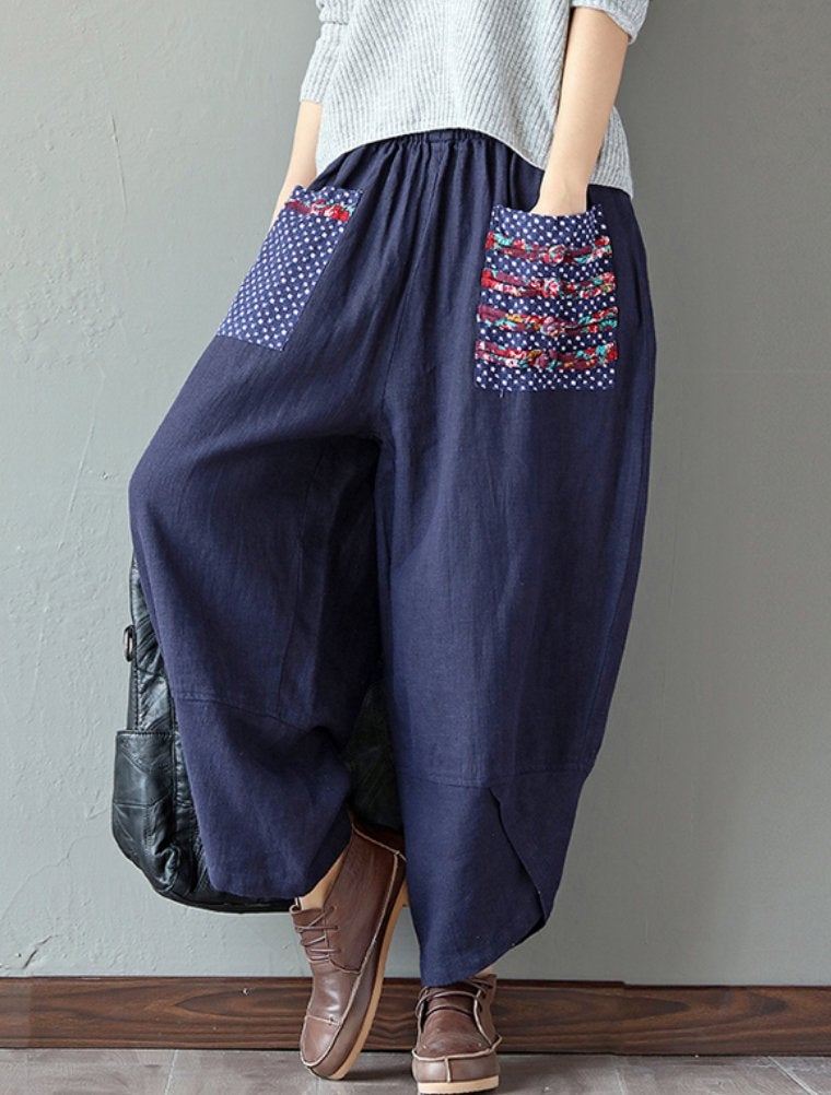 Minibee Women's Baggy Linen Wide Leg Trousers Casual Patchwork Elastic Waist Harem Pants Navy Blue L - Image 3